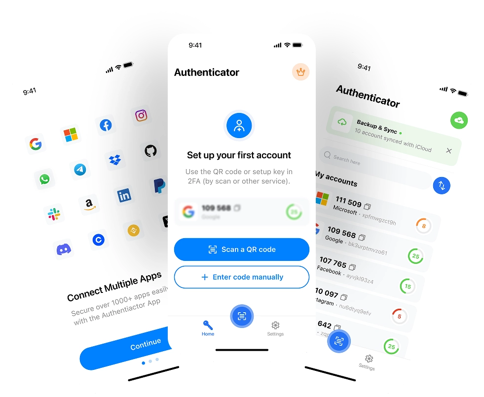 Authenticator app preview showing TOTP codes and secure lock